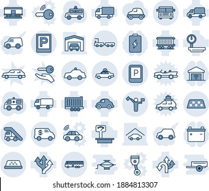 Blue tint and shade editable vector line icon set - dispatcher vector, taxi, airport bus, parking, alarm car, ladder, sign, safety, baggage truck, ambulance, route, railroad, trailer, delivery, jack