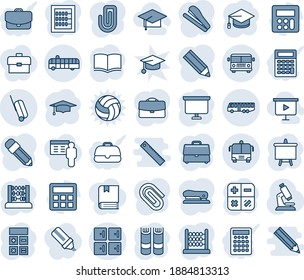 Blue tint and shade editable vector line icon set - airport bus vector, checkroom, suitcase, book, calculator, graduate, abacus, presentation board, microscope, case, paper clip, pencil, stapler