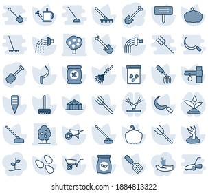 Blue tint and shade editable vector line icon set - job vector, garden fork, shovel, farm, rake, watering can, wheelbarrow, sproute, hoe, sickle, plant label, pumpkin, greenhouse, seeds, fertilizer