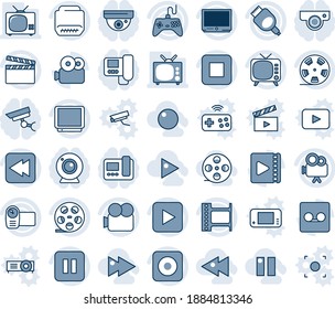 Blue tint and shade editable vector line icon set - clapboard vector, film frame, reel, tv, gamepad, video camera, play button, pause, stop, rewind, rec, hdmi, record, fast forward, backward, coil