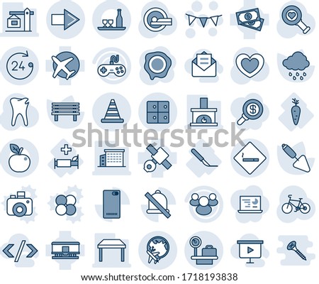 Blue tint and shade editable vector line icon set - right arrow vector, luggage scales, plane globe, 24 hours, smoking area sign, road cone, baggage room, flag garland, stamp, trowel, rain, bench
