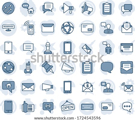 Blue tint and shade editable vector line icon set - bow message vector, mobile phone, speaking man, mail, office, loudspeaker, network, cell, speaker, paper pin, clipboard, reserved, opened, chat