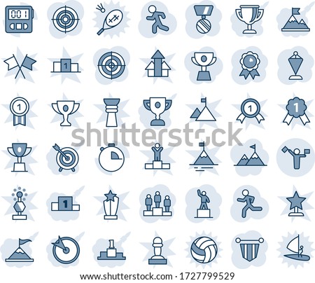 Blue tint and shade editable vector line icon set - dispatcher vector, pedestal, pennant, medal, run, stopwatch, target, motivation, award cup, attainment, winner, win, gold, pawn, arrows up