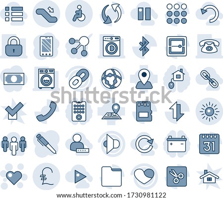 Blue tint and shade editable vector line icon set - escalator down vector, disabled, sun, heart, mobile phone, navigation, speaker, chain, call, menu, update, scanner, sd, network, folder, calendar