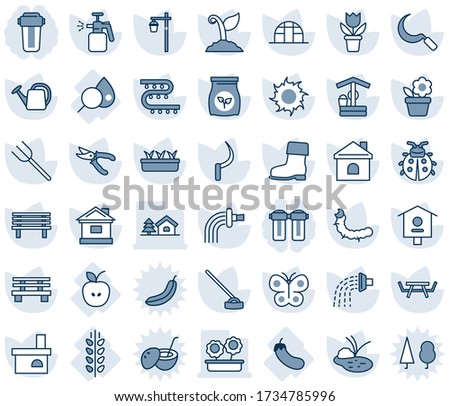 Blue tint and shade editable vector line icon set - flower in pot vector, farm fork, watering can, sproute, pruner, boot, butterfly, lady bug, house, seedling, sun, well, hoe, sickle, bench, pond