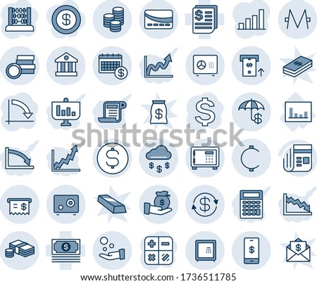 Blue tint and shade editable vector line icon set - safe vector, dollar sign, calculator, abacus, crisis graph, statistics, cash, receipt, news, cent, monero, mobile payment, coin, exchange, bank