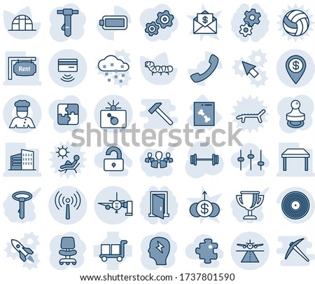 Blue tint and shade editable vector line icon set - runway vector, antenna, bomb in case, boarding passengers, office chair, tie, brainstorm, greenhouse, caterpillar, barbell, x ray, cargo, vinyl