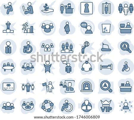 Blue tint and shade editable vector line icon set - female vector, vip, disabled, reception, bed, passport control, metal detector gate, credit card, speaking man, pedestal, team, meeting, pregnancy