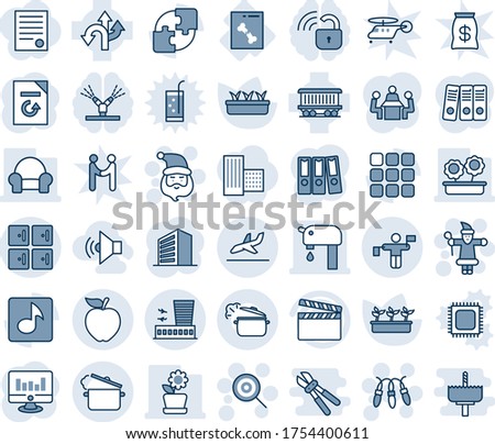 Blue tint and shade editable vector line icon set - airport building vector, checkroom, traffic controller, arrival, santa claus, garland, lollipop, office, statistic monitor, document reload, x ray