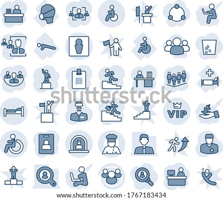 Blue tint and shade editable vector line icon set - male vector, disabled, reception, bed, vip, pedestal, team, manager place, doctor, hospital, push ups, medical mask, group, company, identity card