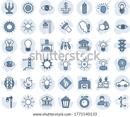 Blue tint and shade editable vector line icon set - safety car vector, garland, candle, bulb, fire, sun, garden light, eye, blood test, traffic, torch, bank, account, fireplace, smoke detector, idea