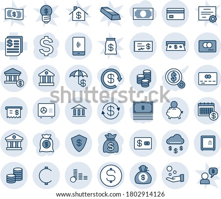 Blue tint and shade editable vector line icon set - credit card vector, safe, dollar sign, money bag, receipt, cent, coin, exchange, rain, insurance, bank, account, cash, calendar, piggy, pay, check