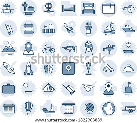 Blue tint and shade editable vector line icon set - suitcase vector, reception bell, flight table, luggage scales, airport tower, traffic controller, baggage, train, sign post, globe, trap truck