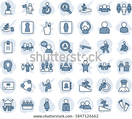 Blue tint and shade editable vector line icon set - male vector, female, vip, disabled, credit card, pedestal, meeting, pregnancy, push ups, speaker, group, user, identity, hr, manager desk, waiter