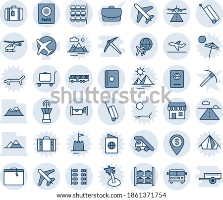 Blue tint and shade editable vector line icon set - plane vector, runway, suitcase, baggage trolley, airport bus, passport, ladder car, helicopter, seat map, luggage storage, tower, departure, hotel