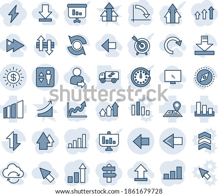 Blue tint and shade editable vector line icon set - elevator vector, left arrow, growth statistic, crisis graph, navigation, sorting, data exchange, download, compass, update, dollar sun, bar, redo