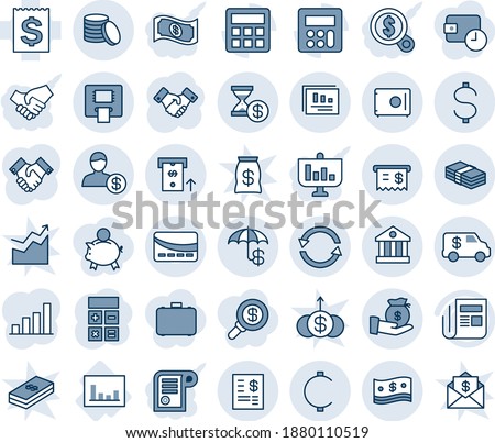 Blue tint and shade editable vector line icon set - handshake vector, calculator, statistics, receipt, news, dollar, cent, coin, exchange, cash, safe, insurance, bank, atm, account statement, report