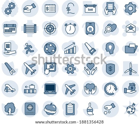 Blue tint and shade editable vector line icon set - plane vector, passport, baggage, alarm clock, trap truck, star letter, document, tree, saw, heart diagnostic, hand, diet, run, care, container