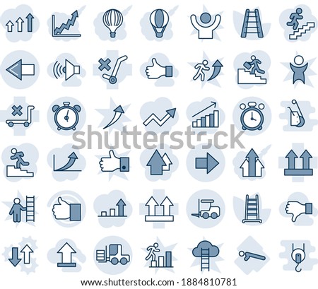 Blue tint and shade editable vector line icon set - alarm clock vector, left arrow, fork loader, right, ladder, push ups, up side sign, no trolley, finger, career, volume max, uplooad, like, dislike