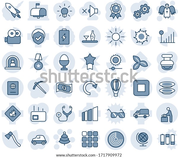 Blue tint and shade editable vector line icon set -\
reception vector, baby room, passport, globe, radar, christmas\
tree, angel, medal, sun, axe, stethoscope, three leafs, car\
delivery, sorting, menu