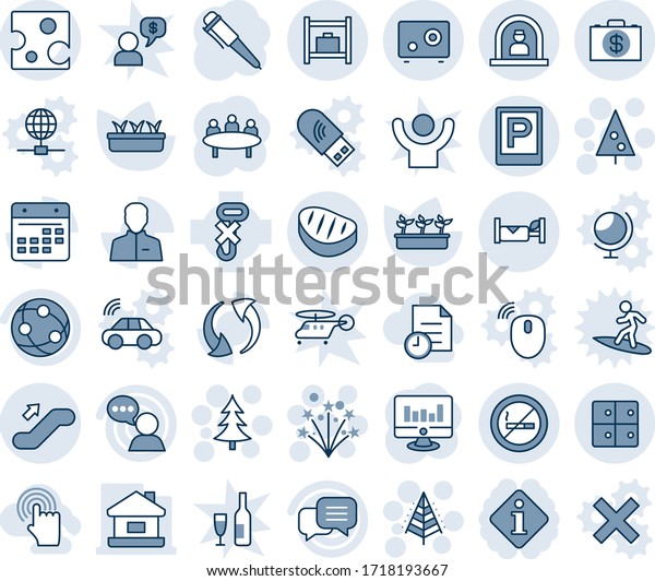 Blue tint and shade editable vector line icon\
set - parking vector, reception, escalator up, no smoking sign,\
hotel, baggage room, christmas tree, firework, pen, meeting,\
statistic monitor,\
seedling