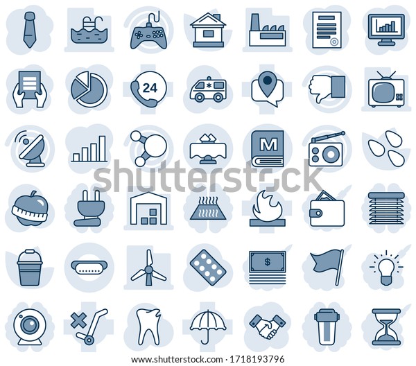 Blue tint and shade editable vector line icon set\
- handshake vector, tie, document, bucket, house, seeds, pills\
blister, ambulance car, caries, diet, 24 hours, mobile tracking,\
umbrella, no trolley
