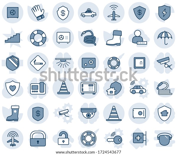 Blue tint and shade editable vector line icon set -\
plane radar vector, smoking place, alarm car, border cone, safe,\
insurance, road, glove, boot, hose, heart shield, first aid room,\
protect, lock