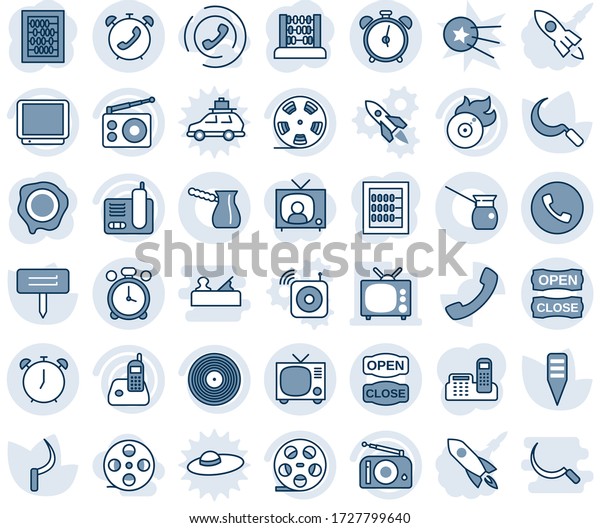 Blue tint and shade editable vector line icon set -\
alarm clock vector, phone, tv, abacus, stamp, sickle, plant label,\
reel, vinyl, flame disk, radio, call, office, open close, turkish\
coffee, horn
