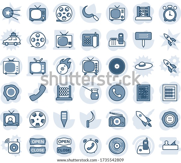 Blue tint and shade editable vector line icon set -\
alarm clock vector, phone, tv, abacus, stamp, sickle, plant label,\
reel, vinyl, flame disk, radio, call, office, open close, turkish\
coffee, news