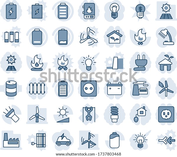 Blue tint and shade editable vector line\
icon set - bulb vector, factory, fire, pull ups, oil barrel,\
battery, low, torch, brightness, desk lamp, sun panel, windmill,\
home control, eco house,\
socket