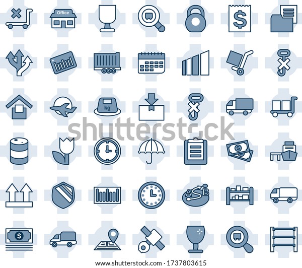 Blue tint and shade editable vector line icon\
set - route vector, navigation, store, plane, satellite, cash,\
truck trailer, car delivery, clock, term, receipt, sea port,\
clipboard, folder\
document