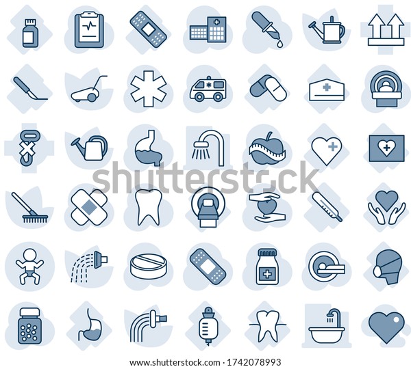 Blue tint and shade editable vector line icon set -\
baby vector, rake, watering can, lawn mower, dropper, pills,\
bottle, patch, tomography, ambulance star, car, heart hand,\
stomach, tooth, diet, mri