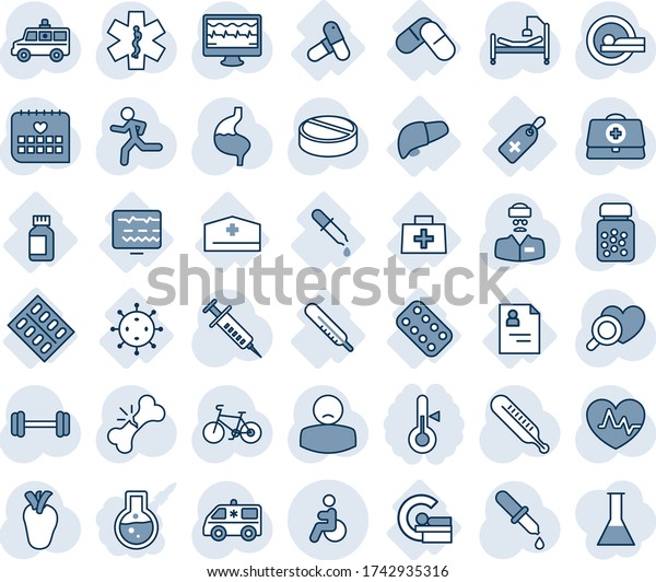 Blue tint and shade editable vector line icon set -\
disabled vector, heart pulse, monitor, doctor case, syringe,\
dropper, thermometer, diagnostic, pills, bottle, tomography,\
ambulance star, car, run