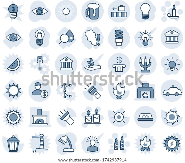Blue tint and shade editable vector line icon set -\
sun vector, taxi, baggage, safety car, candle, bulb, fire, garden\
light, eye, blood test, torch, bank, account, desk lamp, fireplace,\
beer, idea