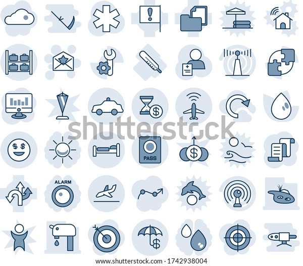 Blue tint and shade editable vector line icon set\
- plane radar vector, passport, bed, luggage storage, arrival,\
safety car, star letter, contract, statistic monitor, water drop,\
ambulance, patient