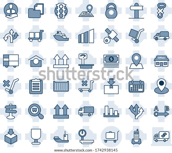 Blue tint and shade editable vector line icon\
set - baggage trolley vector, route, signpost, navigation, pin,\
store, satellite, cash, traffic light, office phone, client, sea\
shipping, car delivery