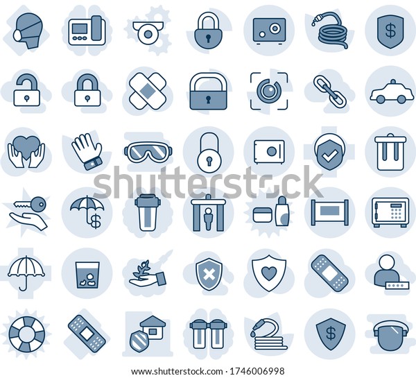 Blue tint and shade editable vector line icon\
set - fence vector, security gate, trash bin, safe, safety car,\
lock, glove, hose, patch, heart shield, hand, medical, mask,\
umbrella, eye id,\
insurance