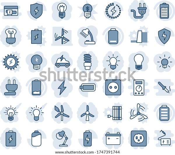 Blue tint and shade editable vector line icon
set - bulb vector, battery, low, protect, charge, desk lamp,
windmill, socket, power plug, energy saving, idea, lightning,
electric car, business