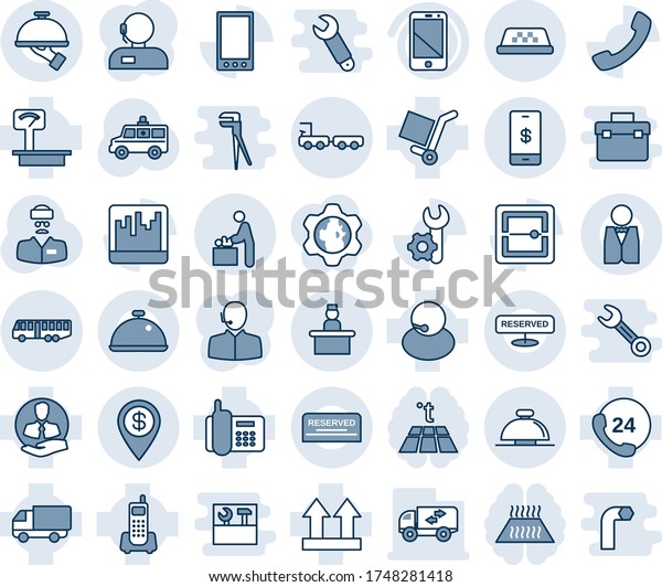 Blue tint and shade editable vector line icon set\
- airport bus vector, reception bell, taxi, baby room,\
recieptionist, baggage truck, ambulance car, doctor, office phone,\
24 hours, support, client