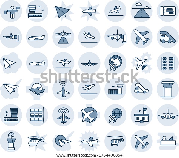 Blue tint and shade editable vector line icon set -\
plane vector, airport tower, runway, radar, departure, arrival,\
ticket, ladder car, boarding, seat map, globe, building, traffic\
controller, small