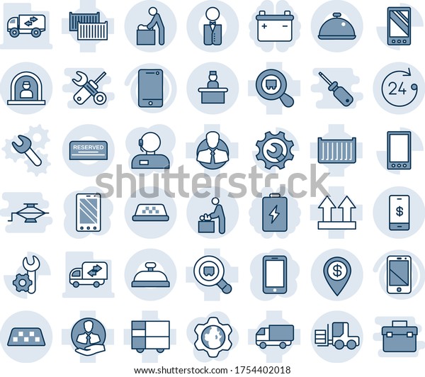Blue tint and shade editable vector line icon set\
- taxi vector, baby room, reception, 24 hours, recieptionist, fork\
loader, mobile phone, client, cargo container, car delivery,\
consolidated, search