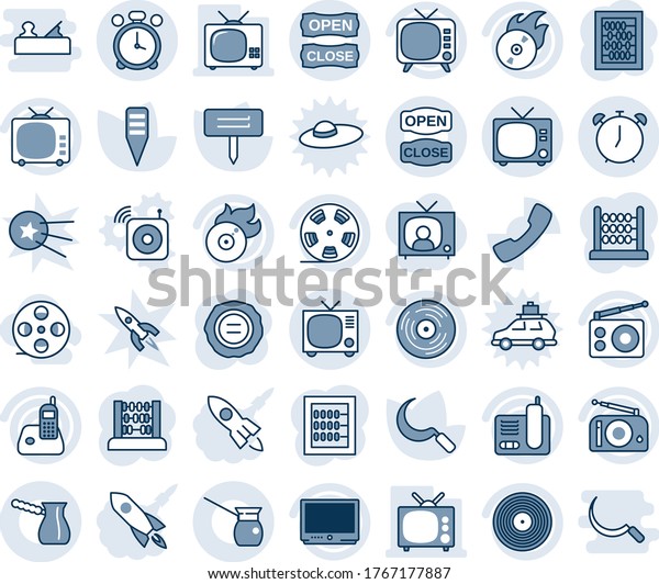 Blue tint and shade editable vector line icon set -\
alarm clock vector, tv, abacus, stamp, sickle, plant label, reel,\
vinyl, flame disk, radio, phone, call, open close, turkish coffee,\
film coil