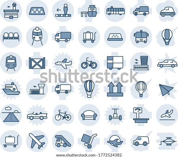Blue tint and shade editable vector line icon set -\
plane vector, taxi, baggage trolley, train, waiting area, ladder\
car, airport building, runway, arrival, bus, travolator, bike,\
delivery, sea port
