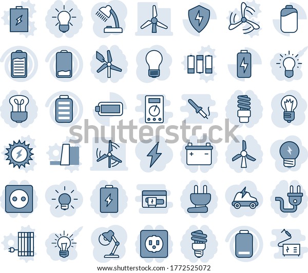 Blue tint and shade editable vector line icon set -\
bulb vector, battery, low, protect, charge, desk lamp, windmill,\
socket, power plug, energy saving, idea, lightning, electric car,\
sun panel