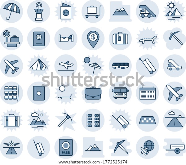 Blue tint and shade editable vector line icon\
set - plane vector, runway, taxi, suitcase, baggage trolley,\
airport bus, umbrella, passport, ladder car, seat map, luggage\
scales, tower, departure