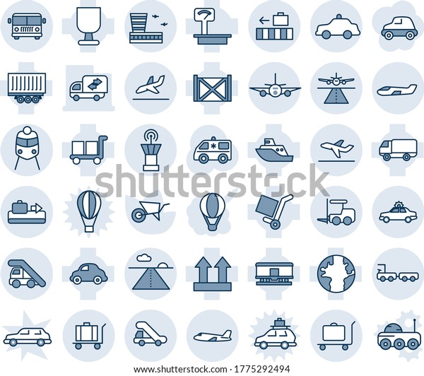 Blue tint and shade editable vector line icon set -\
runway vector, baggage conveyor, trolley, airport bus, alarm car,\
fork loader, ladder, plane, tower, departure, arrival, train,\
safety, truck