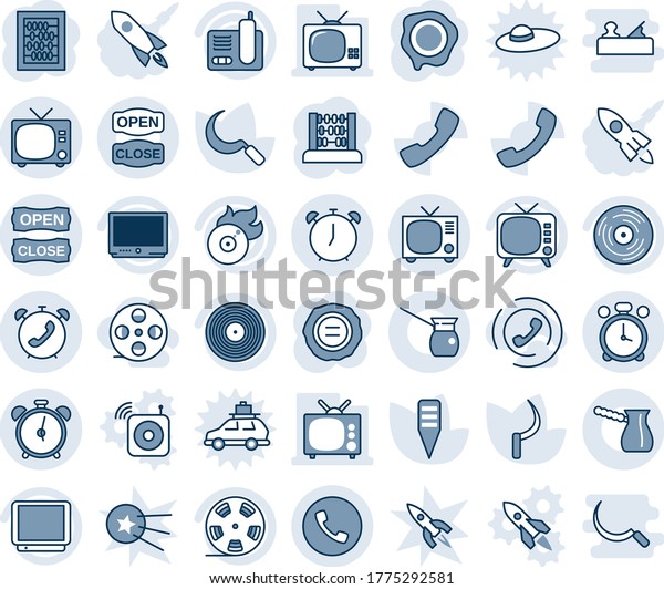 Blue tint and shade editable vector line icon set\
- alarm clock vector, phone, tv, abacus, stamp, sickle, plant\
label, reel, vinyl, flame disk, radio, call, open close, turkish\
coffee, horn, rocket