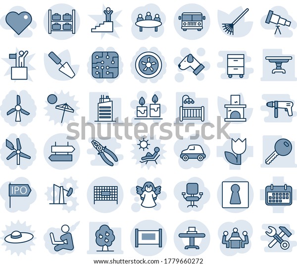 Blue tint and shade editable vector line icon set -\
fence vector, airport bus, signpost, female, luggage storage,\
fenced area, candle, angel, dog, meeting, trowel, rake, fireplace,\
term, tulip, key