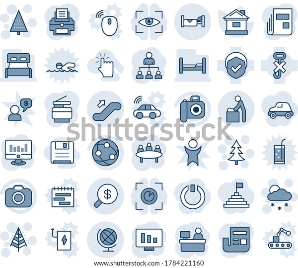 Blue tint and shade editable vector line icon set -\
baby room vector, escalator up, globe, hotel, christmas tree,\
snowfall, hierarchy, meeting, manager place, statistic monitor,\
house, no hook, news