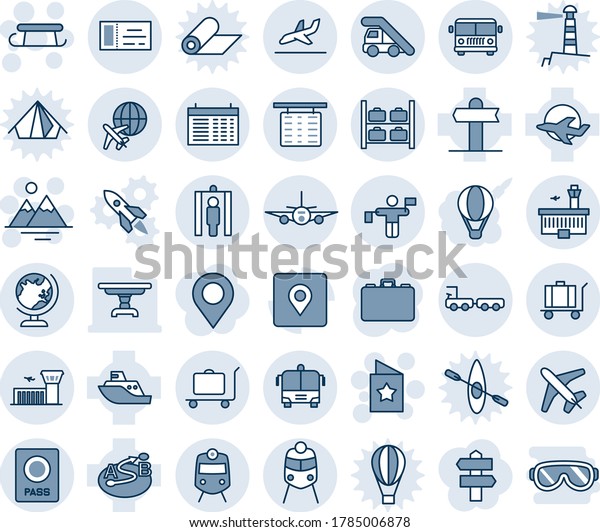 Blue tint and shade editable vector line icon set -\
baggage trolley vector, airport bus, train, passport, globe, ladder\
car, flight table, luggage storage, building, plane, traffic\
controller, truck